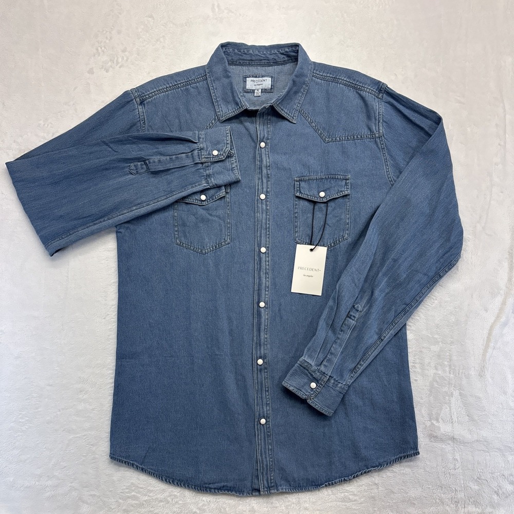 Precedent Denim Pearl Snap Shirt Men's XL Western Country Light Blue Cotton
